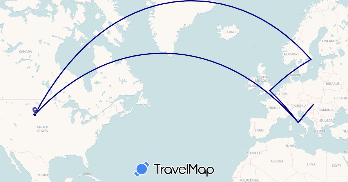 TravelMap itinerary: driving in United Kingdom, Hungary, Italy, Sweden, United States, Vatican City (Europe, North America)
